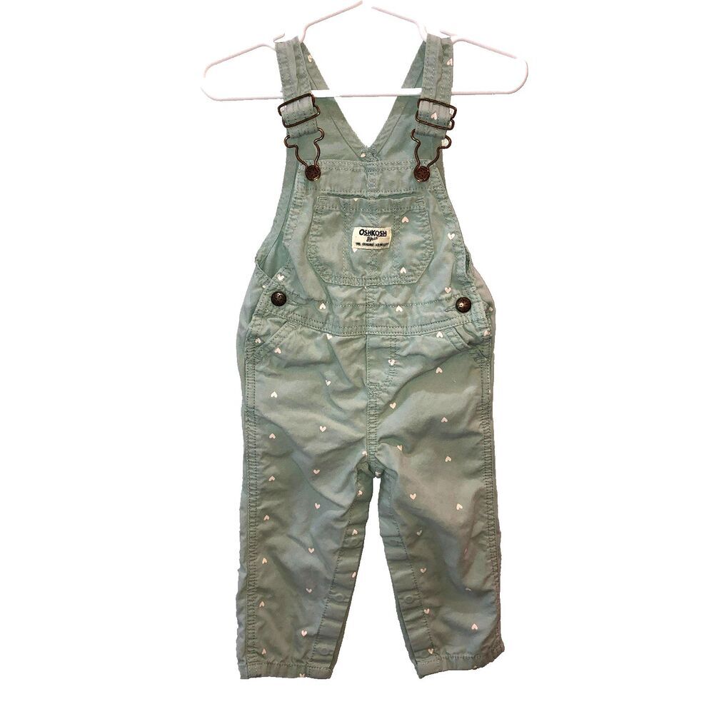 OshKosh Bgosh Kid Toddler 18M Vestbak Mint Green Hearts Bib Overalls Snap Crotch